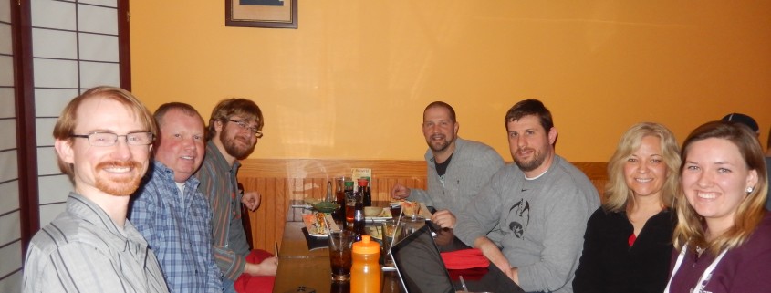 From left to right: Aaron Frerichs, Mike Irvine, Seth Adam, Aaron Van Noy, Nate Houstman, Donna Conn and Donna's daughter Kathline Kay Conn at Oyama Sushi & Steakhouse.